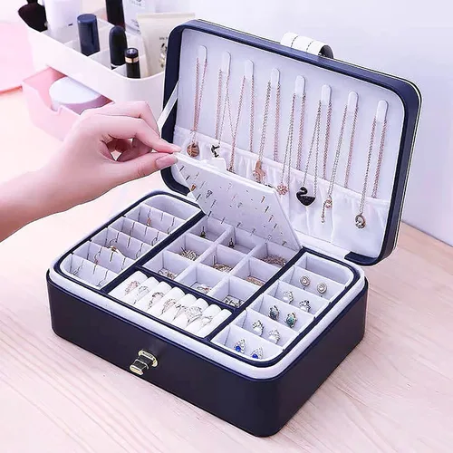 Vista 4 de Organizador de joyeros estuche grande de dos capas para almacenamiento de joyas joyero de piel sintética para mujeres y niñas para almacenar anillos