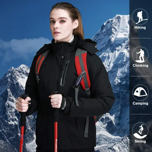 Vista 10 de CAMEL CROWN - Chamarra de esquí para mujer, impermeable, con capucha desmontable, rompevientos, forro polar, parka para lluvia