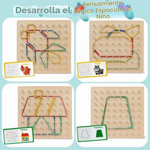 Vista 2 de Tablero geométrico de madera para niños - Juguete educativo Montessori STEM con tarjetas de patrones y bandas de goma, rompecabezas de formas