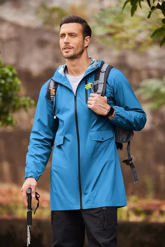 Vista 43 de COOFANDY Chubasquero largo para hombre, chaqueta impermeable para exteriores, con capucha