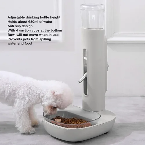 Vista 3 de Dispensador de agua para mascotas con botella de pie, alimentador automático de gravedad de 22.1 onzas líquidas y cuenco de comida de altura