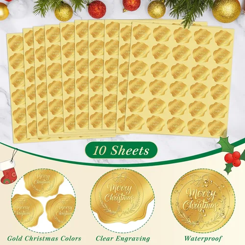 Vista 4 de 300 calcomanías doradas de sello de sobres de Navidad en relieve, calcomanías de Feliz Navidad para sellado de sobres, calcomanías de Navidad