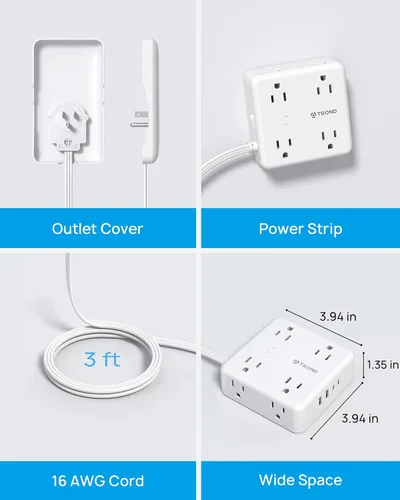 Vista 6 de TROND - Tira de alimentación con cubierta de toma, cable de extensión plano corto de 3 pies con 8 tomas de CA y 4 puertos USB, 13A/1625W, protector
