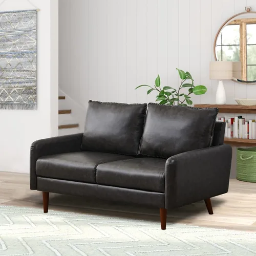 Vista 6 de INSTORY Sofá de dos plazas de cuero moderno Sofá cómodo con patas de madera para sala de estar, oficina, color gris oscuro