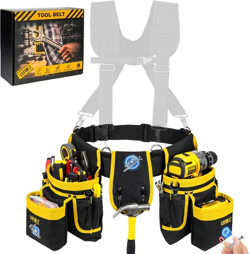 Vista 13 de LEFOR·Z Cinturón de herramientas, 13 bolsillos para hombres con bolsa Negro&Amarillo
