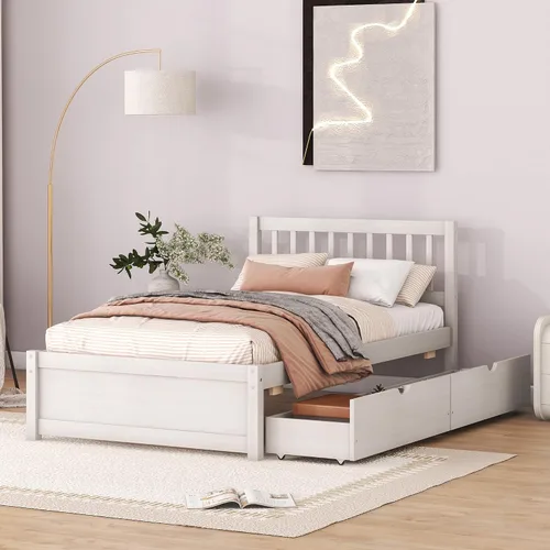 Vista 6 de HomSof Cama de plataforma de madera de diseño moderno con cabecero y 2 cajones, color blanco