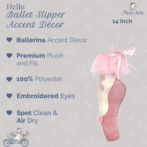 Vista 3 de MON AMI Decoración de Acento de Zapatilla de Ballet – 14" Almohada de Zapato de Ballet de Felpa Rosa para Guardería, Habitación de Niños