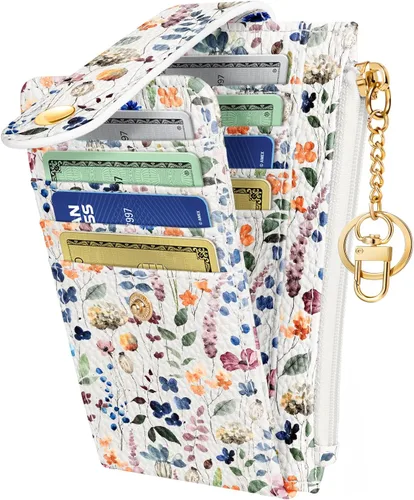 Vista 7 de Cartera delgada pequeña para tarjetas para mujeres – Linda cartera con llavero con bloqueo RFID que sostiene 7 tarjetas, diseño de moda de cuero