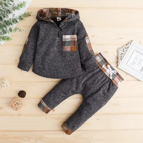 Vista 2 de Ropa de bebé para niños pequeños, traje de otoño e invierno, manga larga, bolsillo a cuadros, sudadera con capucha + pantalones, 2 piezas