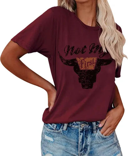 Vista 2 de Ladies Summer Tops 2023 Funny Skeleton Rabbit Ears Graphic Short Sleeve Tshirt Casual Loose Cow Bull Pullover