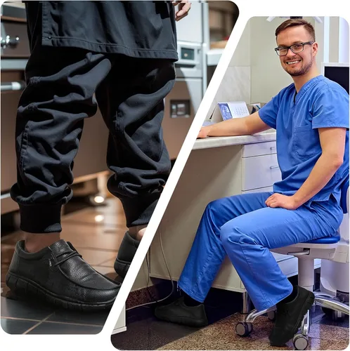 Vista 5 de NINGO Zapatos de cuero antideslizantes para hombres y mujeres, mocasines de trabajo resistentes al agua, antideslizantes, ligeros, transpirables