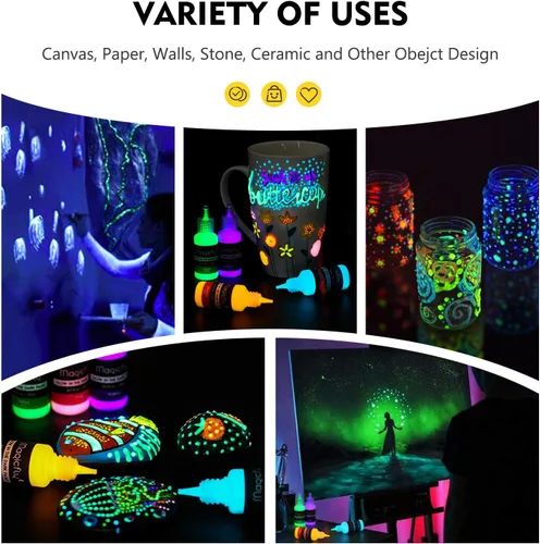 Vista 5 de Magicfly Pintura acrílica que brilla en la oscuridad, 10 colores brillantes de pintura líquida luminosa, pinturas de neón que brillan