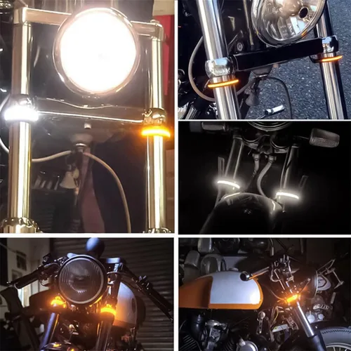 Vista 6 de zipelo 2 luces LED de señal de giro para motocicleta, intermitentes flexibles de doble color blanco y ámbar para horquilla con función switchback