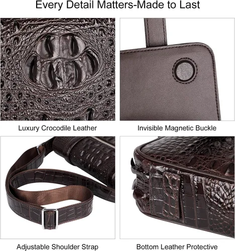 Vista 7 de PIJUSHI Bolso bandolera de cuero de cocodrilo para hombre (PE001 café), Café