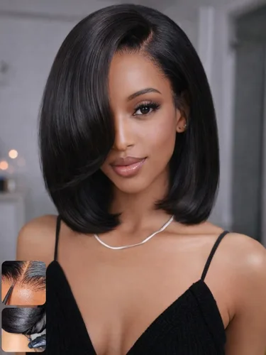 Vista 68 de KLAIYI Peluca de cabello humano con encaje frontal precortada 7x5, corte Bob en capas, corte romo, cordón sin pegamento, peluca predepilada