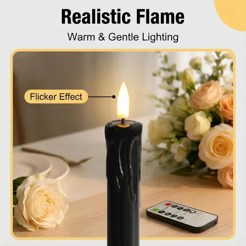 Vista 5 de Eywamage Velas cónicas sin llama de cera negra con control remoto, velas LED parpadeantes de cera que funcionan con pilas, juego de 6