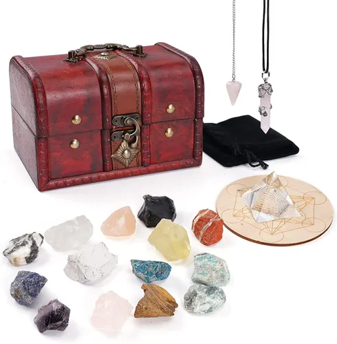Vista 11 de Juego de 14 piedras de cristal curativo para chakras, con caja de madera de regalo para principiantes, meditación, reiki, yoga, colección