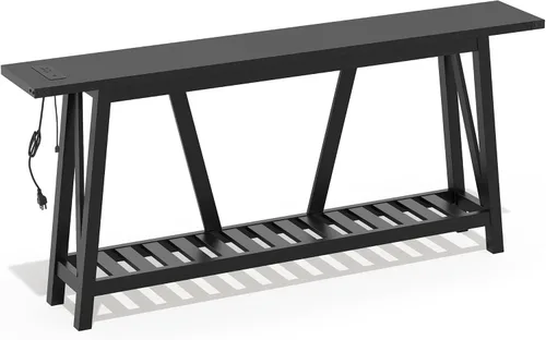 Vista 7 de Mesa de sofá extra larga de 70 pulgadas detrás del sofá, mesa de entrada industrial de 2 niveles, mesa consola de entrada estrecha con Negro