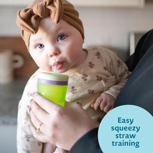 Vista 2 de The First Years Squeeze & Sip - Vaso con popote de silicona, color verde y morado Spill-Proof Toddler Training Cups, Dishwasher Safe, 7 oz, 2