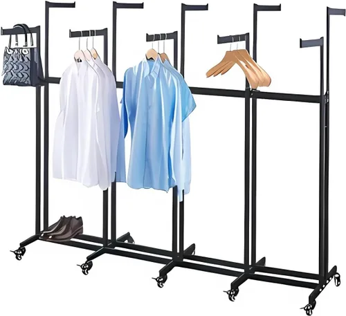 Vista 9 de Perchero de pie de metal para ropa - Estantes de exhibición resistentes para uso comercial con ruedas, perchero de ropa de 6 brazos, perchas