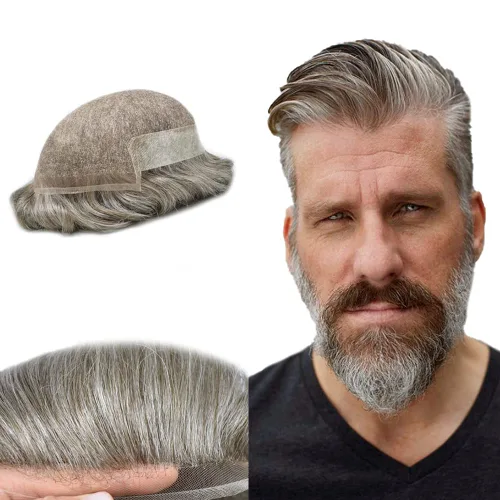 Vista 39 de Tupé de encaje suizo para hombres, piezas de cabello humano real, encaje frontal, sistema de reemplazo de cabello tipo tupé, nudo blanqueado, línea