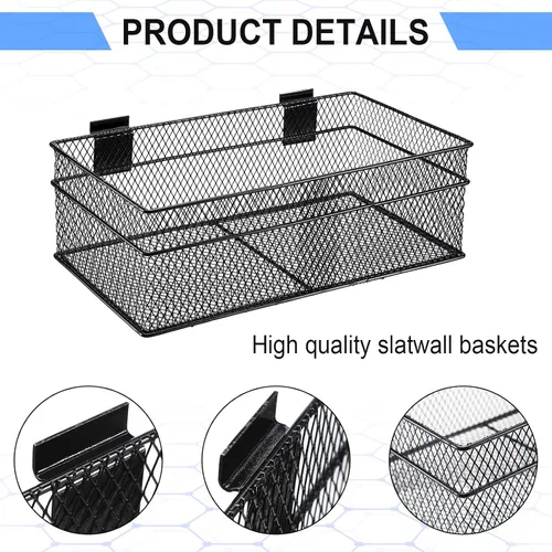 Vista 4 de Barydat Juego de 4 cestas de metal ventilado para colgar en la pared, accesorios de montaje en pared para panel de almacenamiento de garaje, Negro
