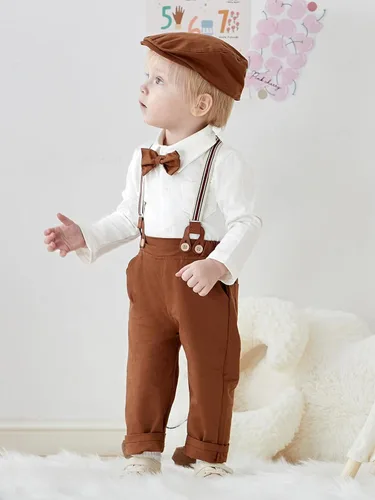 Vista 7 de SALNIER Conjunto de ropa de traje de bebé niño esmoquin trajes de caballero trajes de corbatín camisa tirantes pantalones boina sombrero