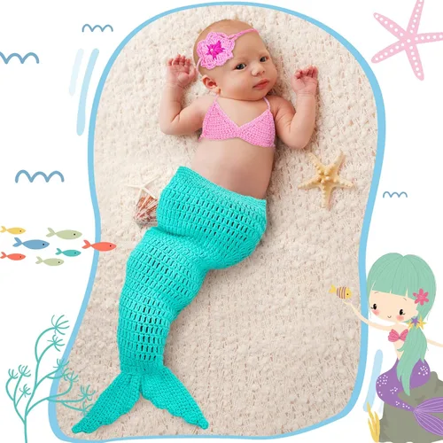 Vista 7 de Janmercy Trajes de fotografía para niña recién nacida, accesorios para fotos de bebé, traje de ganchillo hecho a mano, lindo disfraz de foto (sirena)