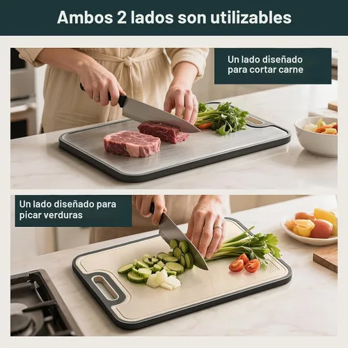 Vista 3 de Tabla de Cortar de Acero Inoxidable, Tabla de Cortar Grande de Doble Cara para Cocina, Acero Inoxidable 18/8 y PP de Paja de Trigo, Grado
