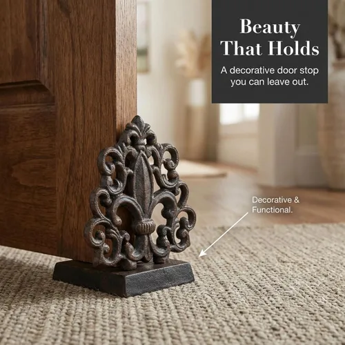 Vista 4 de LuLu Decor, Tope de puerta de hierro fundido Fleur De Lis, tapón de puerta en acabado negro antiguo, producto hermoso y útil, simplemente inserta