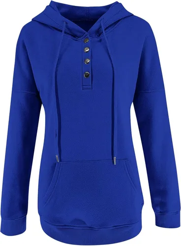 Vista 5 de Sudaderas con capucha para mujer, sudadera casual de manga larga con cordón, ligera, con botones, ajuste holgado