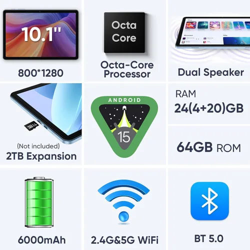 Vista 2 de EDDBNi Tablet Android 15 de 10.1 pulgadas Tablet 2025 últimas Tablets con teclado ratón 24GB+64GB 2TB de expansión 6000mAh procesador Octa-Core Azul