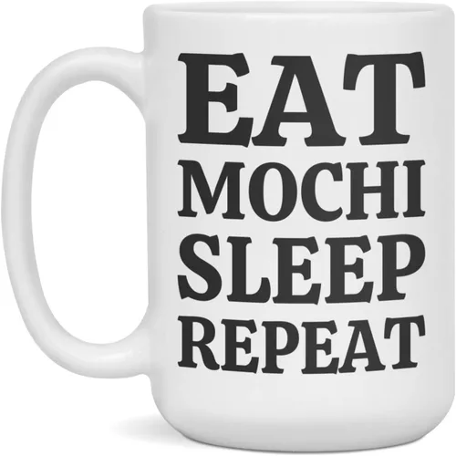 Vista 3 de Funny Mochi - Taza de café con texto en inglés «Eat Mochi Sleep Repe», 11 onzas, color blanco
