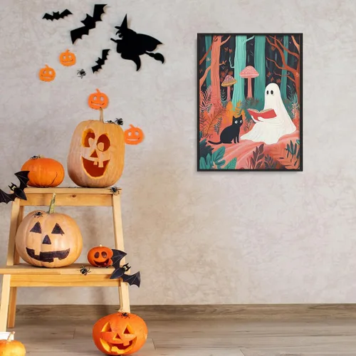 Vista 5 de Bonito arte de lectura de fantasmas, póster de pared de bosque de Halloween con hongos y plantas, impresión de lectura de fantasmas caprichosa