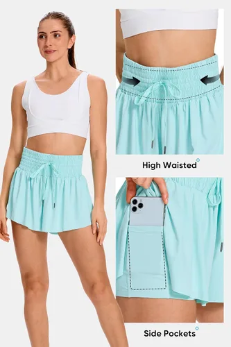 Vista 4 de Blaosn Pantalones cortos deportivos fluidos para mujer, entrenamiento, correr, gimnasio, yoga, falda pantalón de cintura alta, falda de sudor, ropa