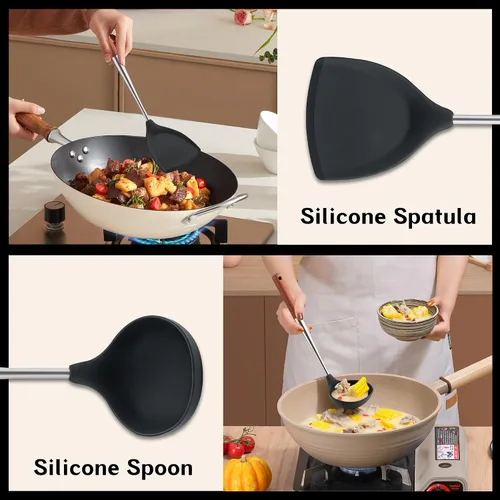 Vista 6 de FJNATINH Juego de espátulas de silicona y espátulas ranuradas, sin BPA, antiadherentes, resistentes al calor, utensilios de cocina de cocina