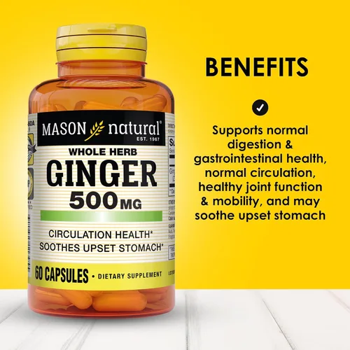 Vista 2 de MASON NATURAL Hierba entera jengibre 500 mg, suministro de 2 meses, suplemento herbario natural, 60 cápsulas