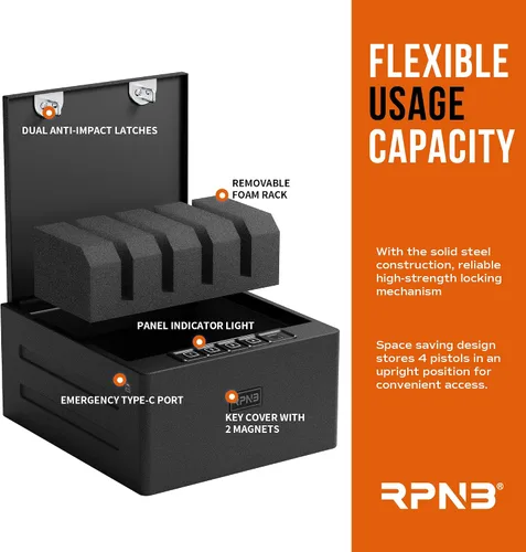 Vista 4 de RPNB Caja fuerte para armas, caja fuerte biométrica para pistola, 4 pistolas de alta capacidad con teclado digital, huella dactilar biométrica