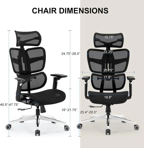 Vista 3 de Silla de oficina ergonómica de escritorio, silla de computadora de malla grande y alta con soporte lumbar ajustable, función de inclinación