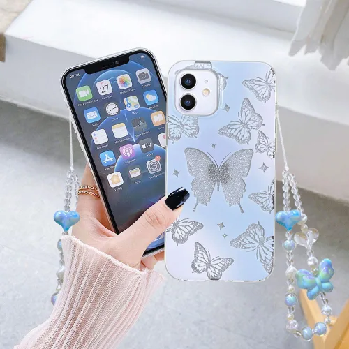 Vista 4 de Abbery - Funda diseñada para iPhone 12/12 Pro con purpurina, transparente y linda con diseño de mariposa, correa para la muñeca, brillante