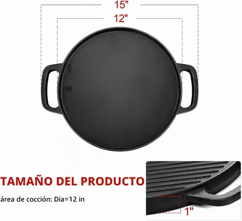 Vista 2 de GGC Plancha reversible de hierro fundido para estufa, sartén redonda de 12