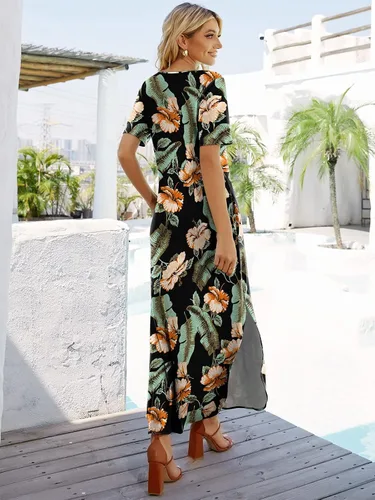 Vista 3 de Vestido largo casual suelto de manga corta con cuello en V para mujer, vestido largo con abertura, vestido de playa de verano con bolsillos