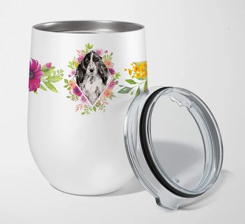 Vista 111 de Caroline's Treasures CK4110TBL12 Afghan Hound Pink Flowers - Vaso de vino aislado de acero inoxidable de 12 onzas con tapa, bonita taza de viaje