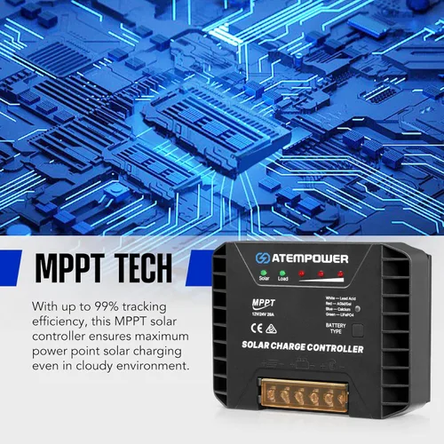 Vista 7 de ATEM POWER Controlador de carga solar MPPT de 20 A 12 V/24 V que selecciona el tipo de batería Activar batería de litio Controlador solar