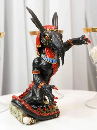 Vista 8 de Ebros Dios de la guerra egipcio pintado a mano Caos y tormentas Set o Seth de pie sobre calaveras y base jeroglífica estatua decorativa Dios