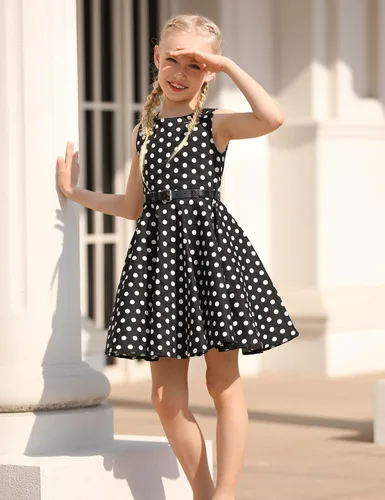Vista 2 de Funnycokid Vestidos de los años 50 para niñas, vestido retro vintage, sin mangas, traje de fiesta con cinturón para niños de 6 a 13 años