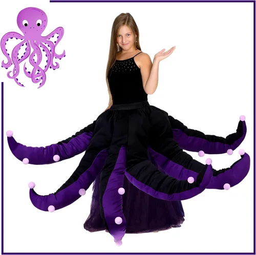 Vista 6 de Funtery Disfraz de pulpo para mujer, vestido de pulpo negro y morado, tentáculos largos, disfraz de bruja de Halloween para adultos (29.5 pulgadas)