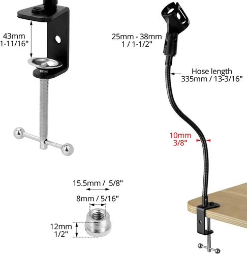 Vista 6 de QWORK Soporte de micrófono de cuello de cisne de 13 pulgadas, soporte de micrófono de escritorio con abrazadera con brazo flexible de 360°, soporte