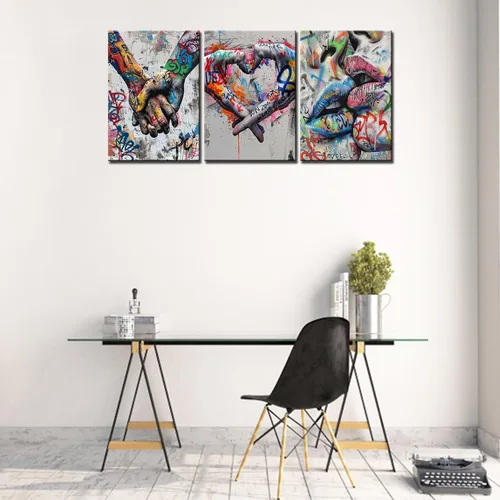 Vista 3 de Banksy Street Art Graffiti Imágenes a mano, pinturas de amor con corazón, arte de beso romántico para sala de estar, regalo, 3 piezas, lienzo