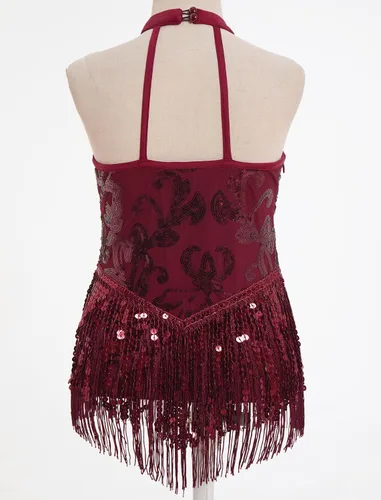 Vista 2 de IBAKOM Body de lentejuelas brillantes con flecos y cuello halter en V, leotardo de gimnasia para niños, espalda abierta, jazz latino, hip hop